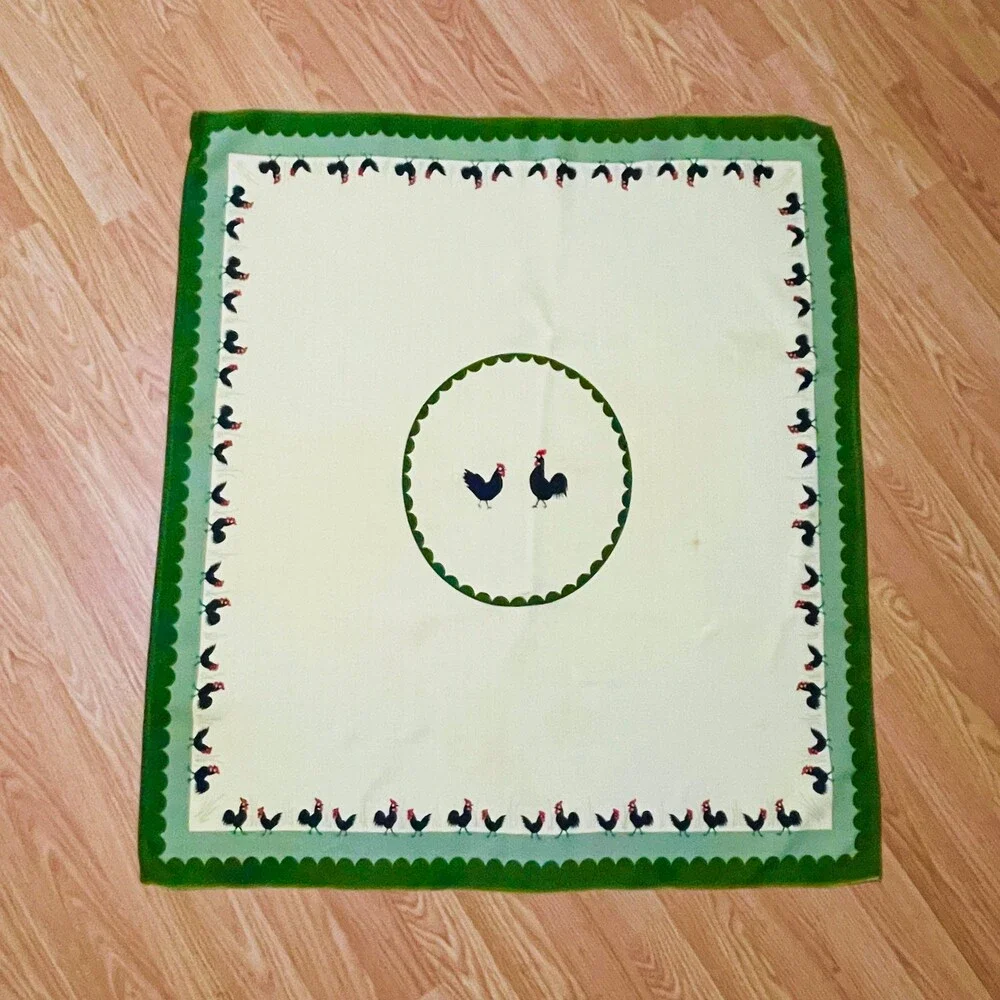 Vintage Rooster & Hen Yellow Green Border Tablecloth 34x38